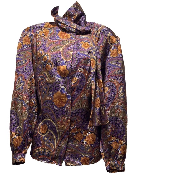 Vintage Gianna Paisley Floral Tie-Neck Blouse Size 14 Purple, Gold & Multicolor - Picture 1 of 8